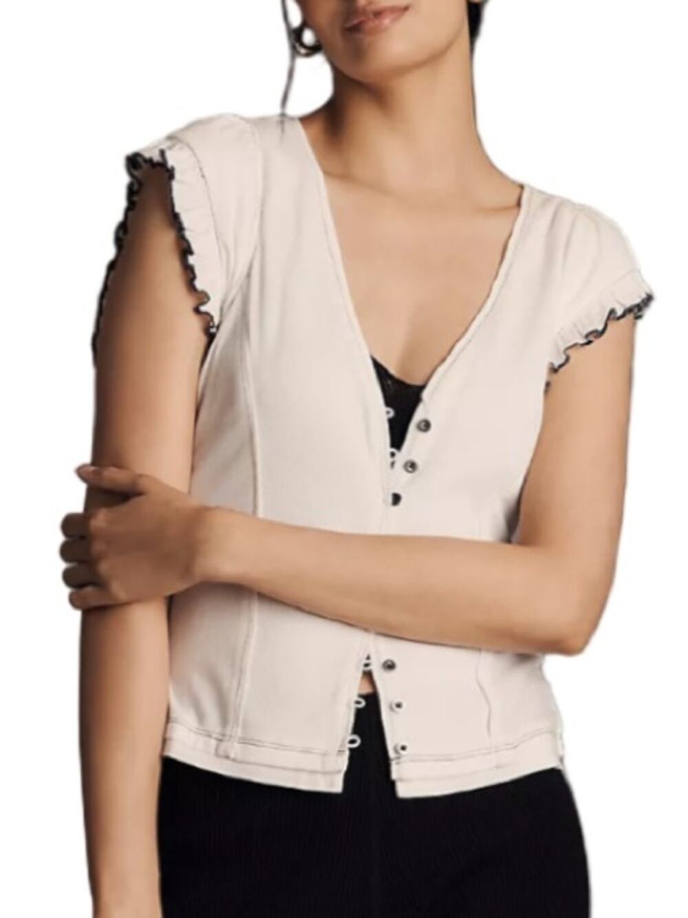 Anthropologie Maeve Short-Sleeve V-Neck Button-Front Top - White L NWT